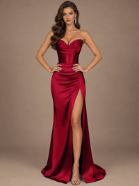 Dusty Blue Strapless Lace Corset Prom Dress with High Slit
