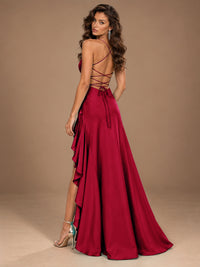 Burgundy Spaghetti Strap Ruched Prom Dress with Ruffled High Slit