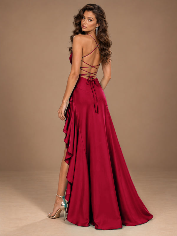 Burgundy Spaghetti Strap Ruched Prom Dress with Ruffled High Slit