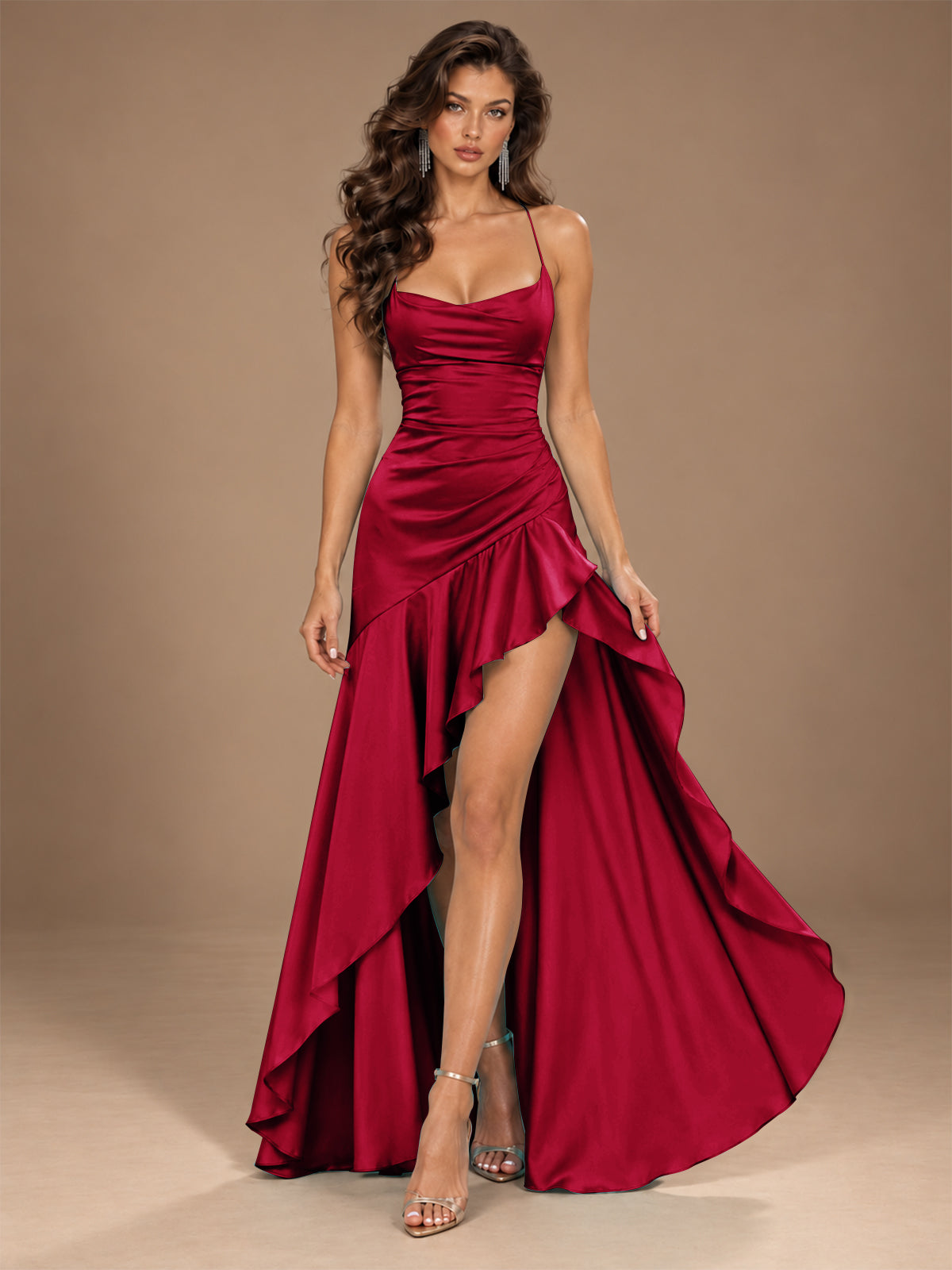 Burgundy Spaghetti Strap Ruched Prom Dress with Ruffled High Slit
