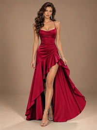 Burgundy Spaghetti Strap Ruched Prom Dress with Ruffled High Slit