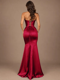 Dusty Blue Strapless Lace Corset Prom Dress with High Slit