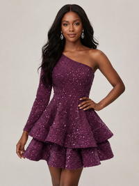 Plum One Shouler Sequin Homecoming Dress with Long Sleeve Sparkly Puffy Tiered Mini Prom Dress Cocktail Party Gown