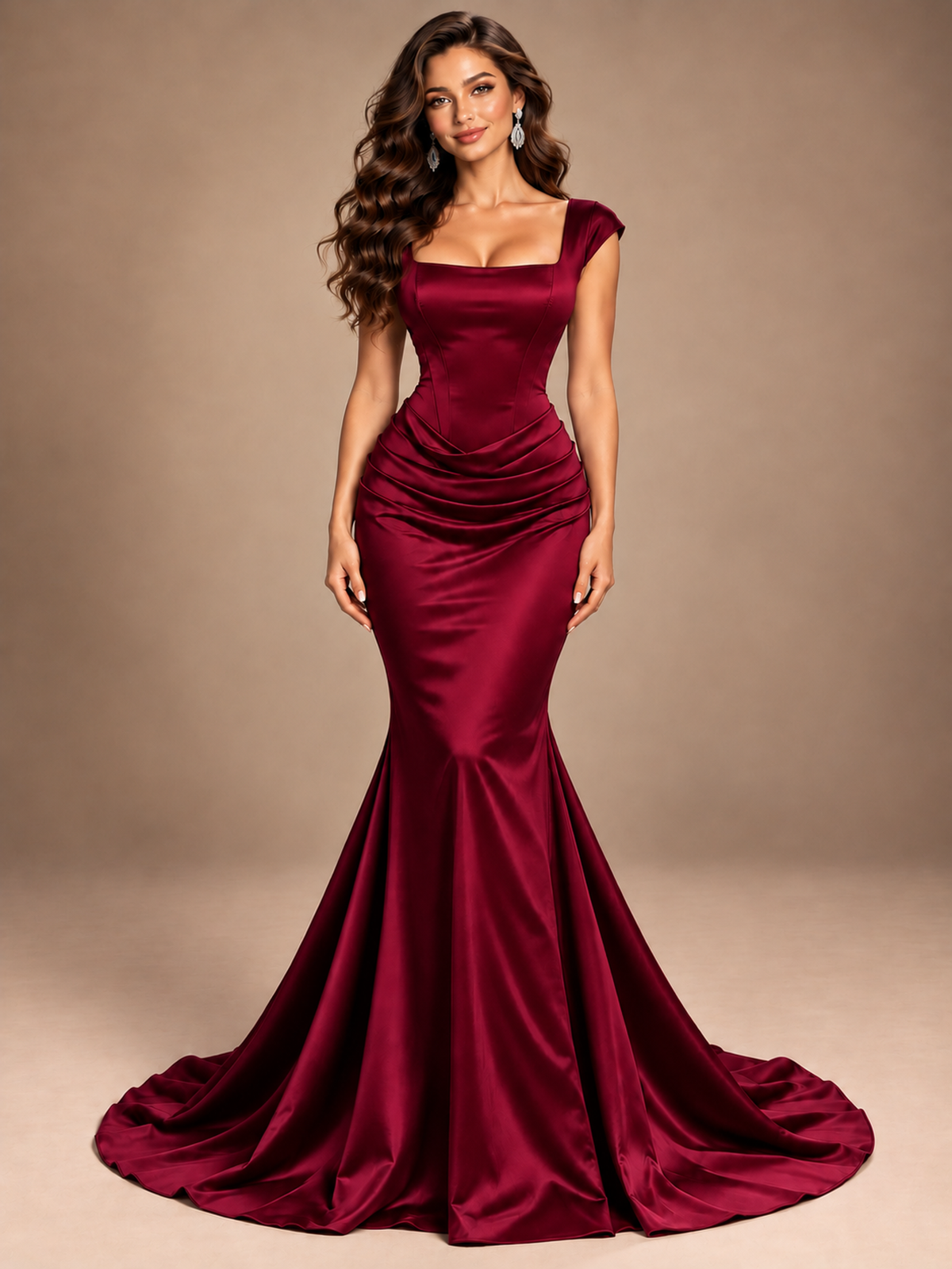 Navy Blue Square Neck Mermaid Pleated Satin Maxi Dress