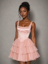 Tiered Ruffles Corset Satin Tulle Homecoming Dress with Pearls