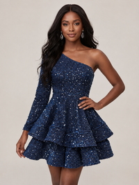Navy Blue One Shouler Sequin Homecoming Dress with Long Sleeve Sparkly Puffy Tiered Mini Prom Dress Cocktail Party Gown