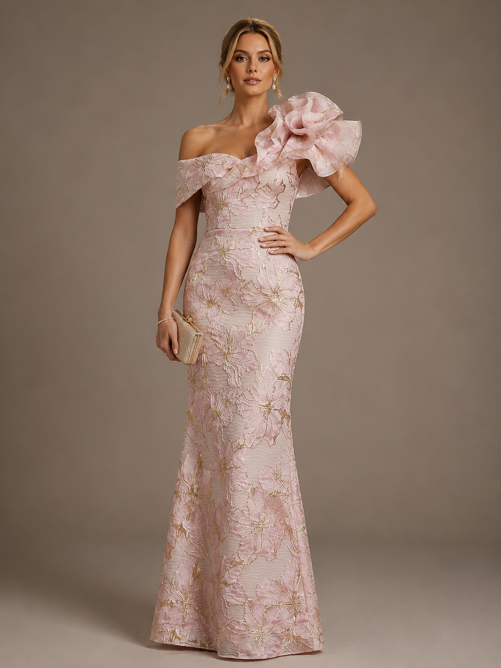 Blush Pink Floral Satin Mermaid Mother of The Bride Dress with Flower