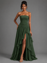 Emerald Green Strapless Ruffles Long Formal Dress with Slit