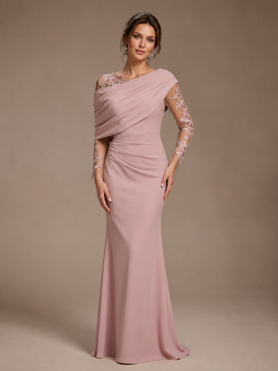 Dusty Rose Illusion Long Sleeve Chiffon Applique Mother of The Bride Dress