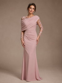 Dusty Rose Illusion Long Sleeve Chiffon Applique Mother of The Bride Dress