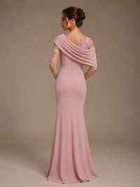 Dusty Rose Illusion Long Sleeve Chiffon Applique Mother of The Bride Dress