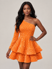 Orange One Shouler Sequin Homecoming Dress with Long Sleeve Sparkly Puffy Tiered Mini Prom Dress Cocktail Party Gown