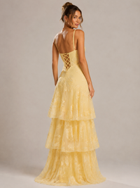 Yellow Tiered Ruffles Floral Embroidery Prom Dress
