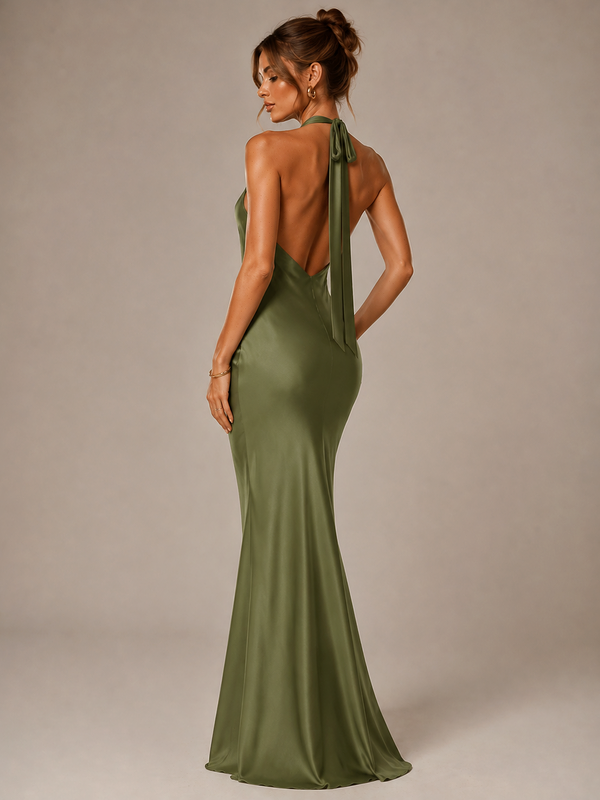 Olive Green Halter Satin Mermaid Maxi Dress
