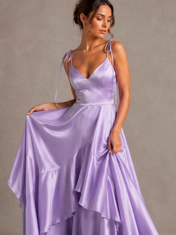 Lavender Satin V-Neck Ruffle Maxi Dress