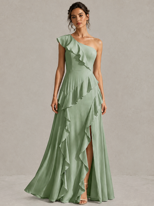 Sage Green One Shoulder Ruffle Bridesmaid Dress - Sage Green