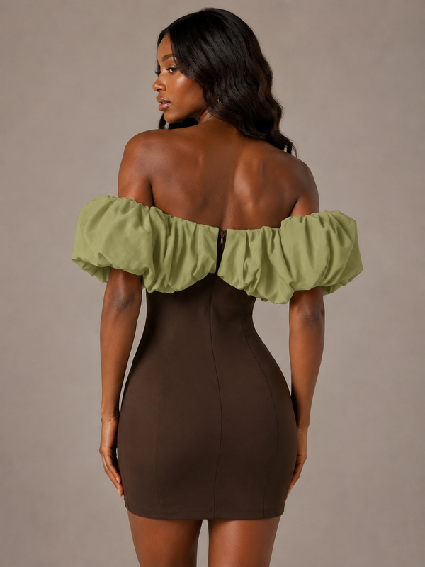 Brown and Olive Green Satin Off Shoulder Mini Dress