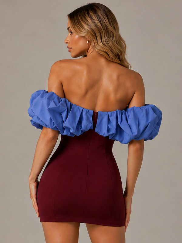 Burgundy and Blue Satin Off Shoulder Mini Dress