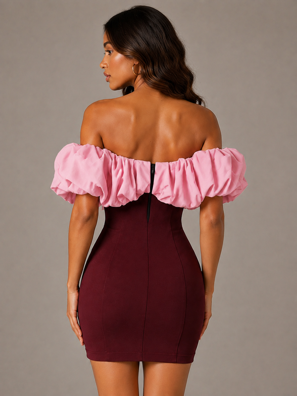 Pink and Burgundy Satin Off Shoulder Mini Dress