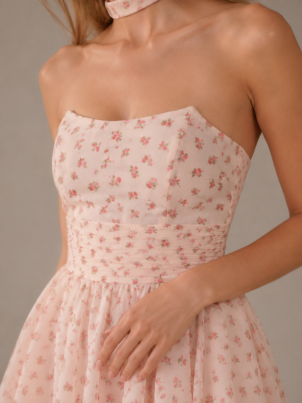 Pink Floral Strapless Mini Dress