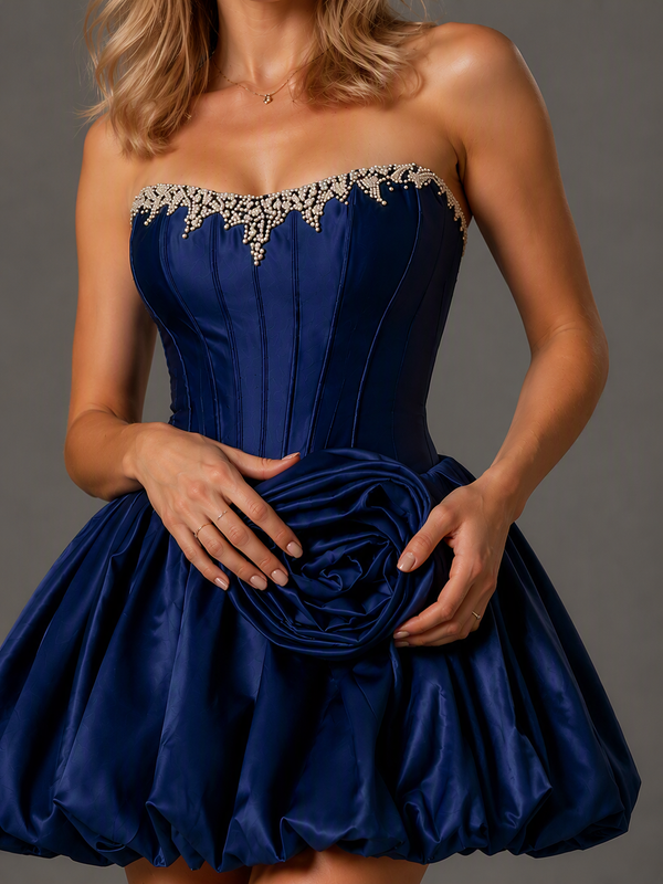 Navy Blue Satin Strapless Bubble Skirt Mini Dress with Beads