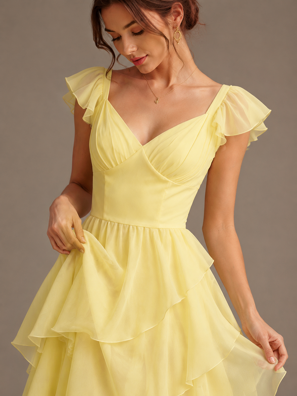 Yellow Ruffle Tiered V Neck Maxi Dress