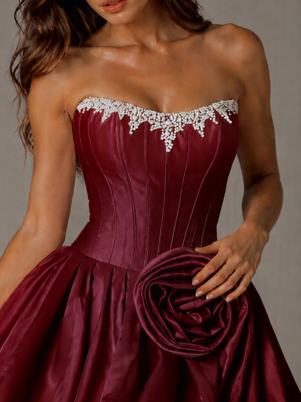 Burgundy Satin Strapless Bubble Skirt Mini Dress with Beads