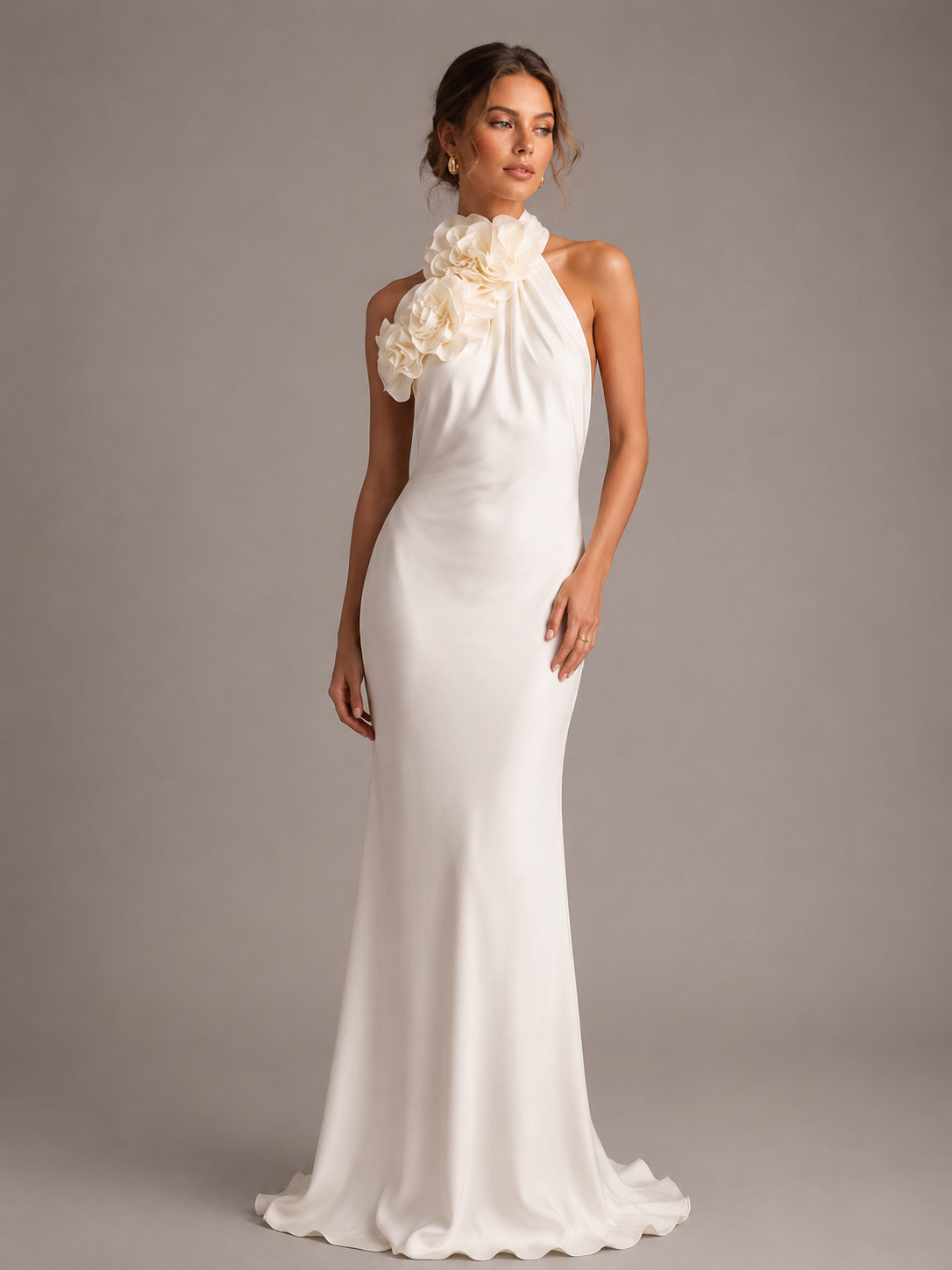 Ivory Floral Halter Satin Mermaid Maxi Dress