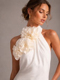 Ivory Floral Halter Satin Mermaid Maxi Dress