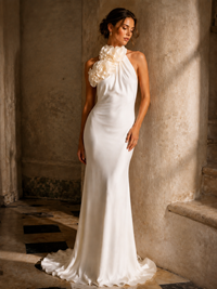 Ivory Floral Halter Satin Mermaid Maxi Dress