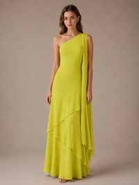 Lime Green One Shoulder Chiffon Maxi Dress