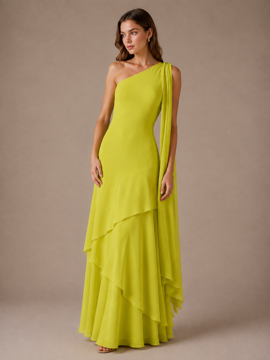 Lime Green One Shoulder Chiffon Maxi Dress