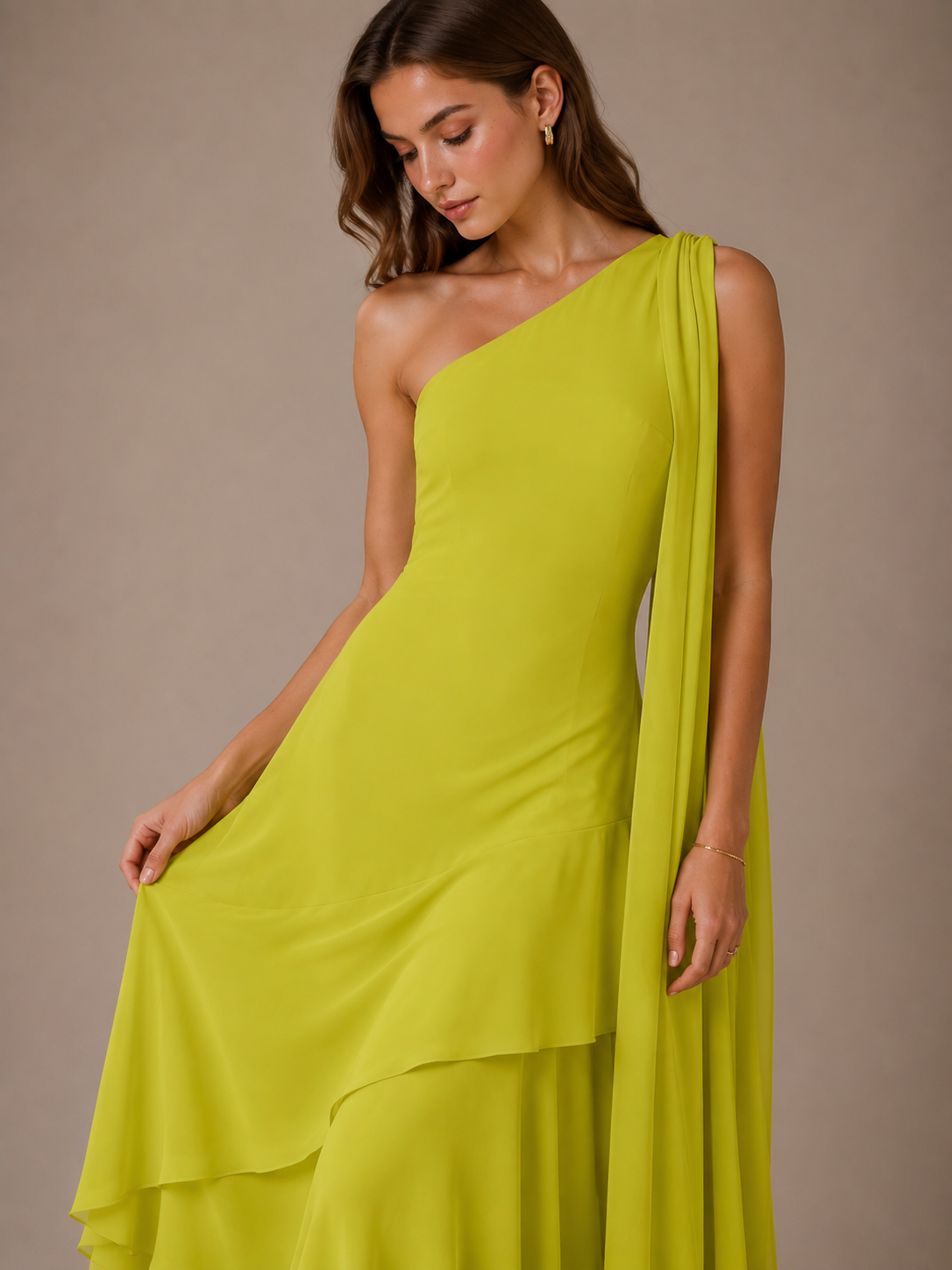 Lime Green One Shoulder Chiffon Maxi Dress
