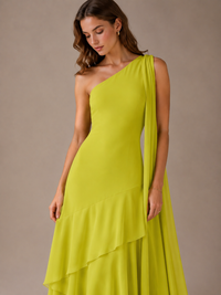 Lime Green One Shoulder Chiffon Maxi Dress