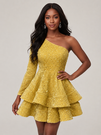 Gold One Shouler Sequin Homecoming Dress with Long Sleeve Sparkly Puffy Tiered Mini Prom Dress Cocktail Party Gown
