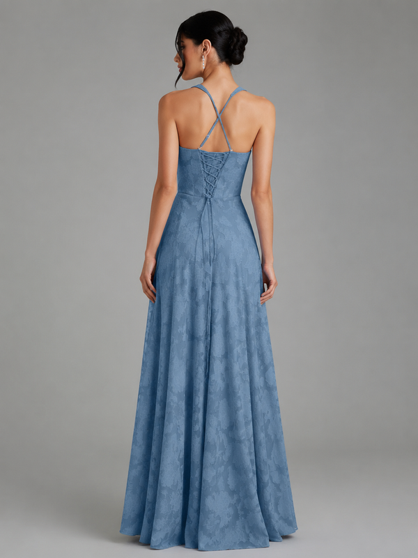 Dusty Blue A-Line Halter Floral Chiffon Maxi Dress