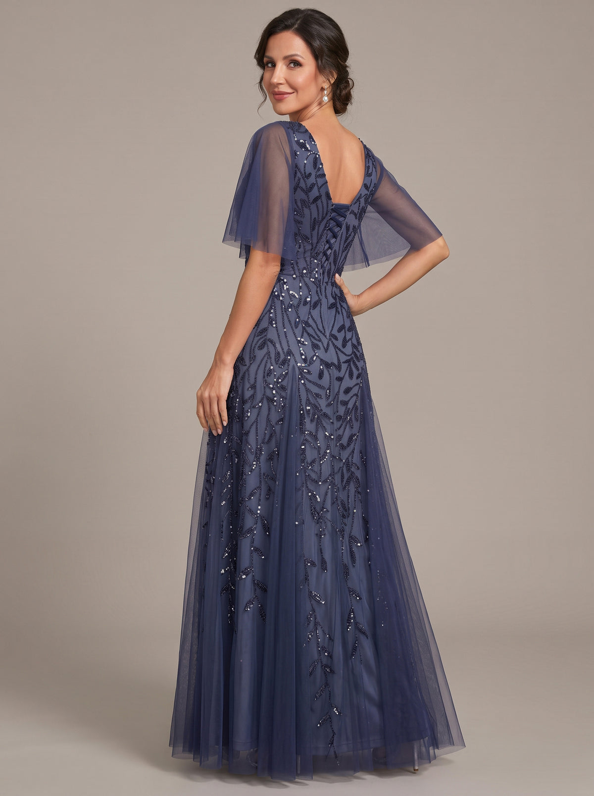 V-Neck Sequin Tulle Mother of the Bride Dress with Flutter Sleeve