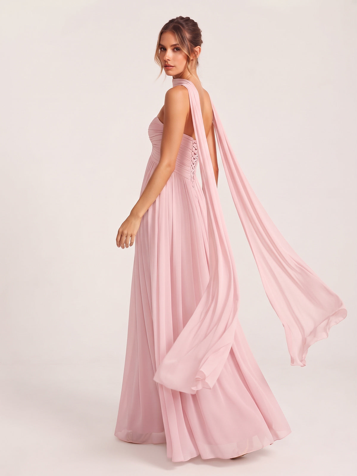 Strapless Ruched Chiffon Long Prom Dress with Scarf