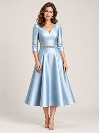 Light Blue V-Neck Tea-Length Mother of the Bride Dress with Embellished Waist