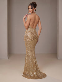 Gold Halter Sequin Mermaid Ruched Prom Dress Long Ruched Evening Gown