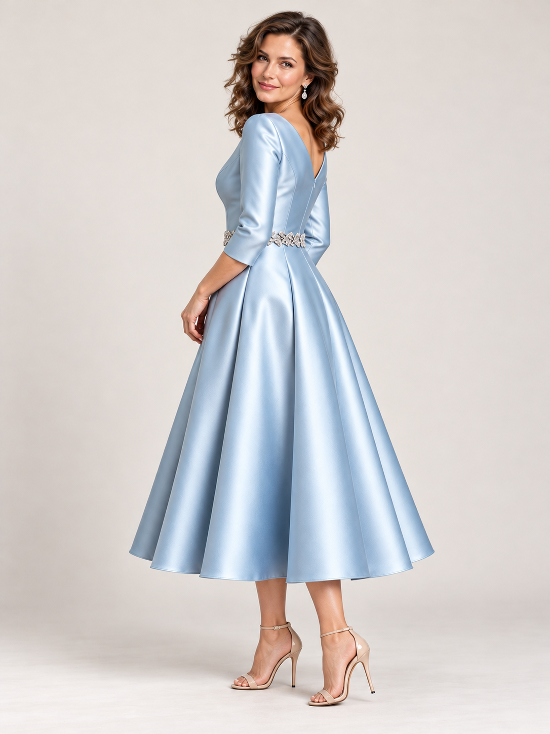Light Blue V-Neck Tea-Length Mother of the Bride Dress with Embellished Waist