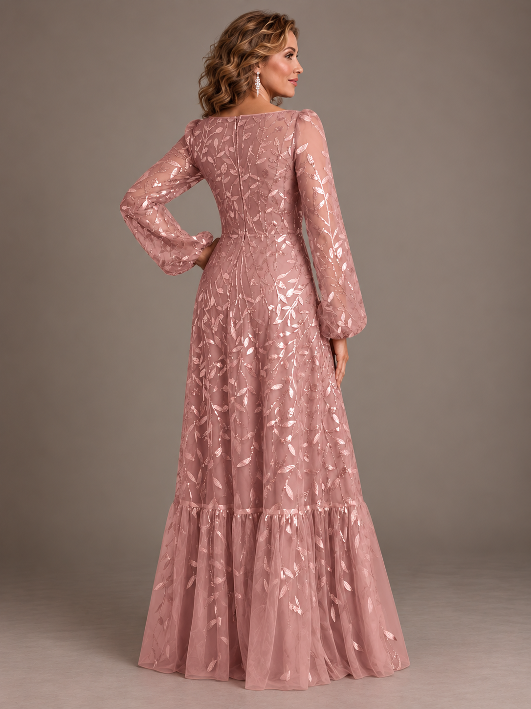 Dusty Rose Floral Embroidered A-Line Mother of the Bride Dress with Long Sleeves
