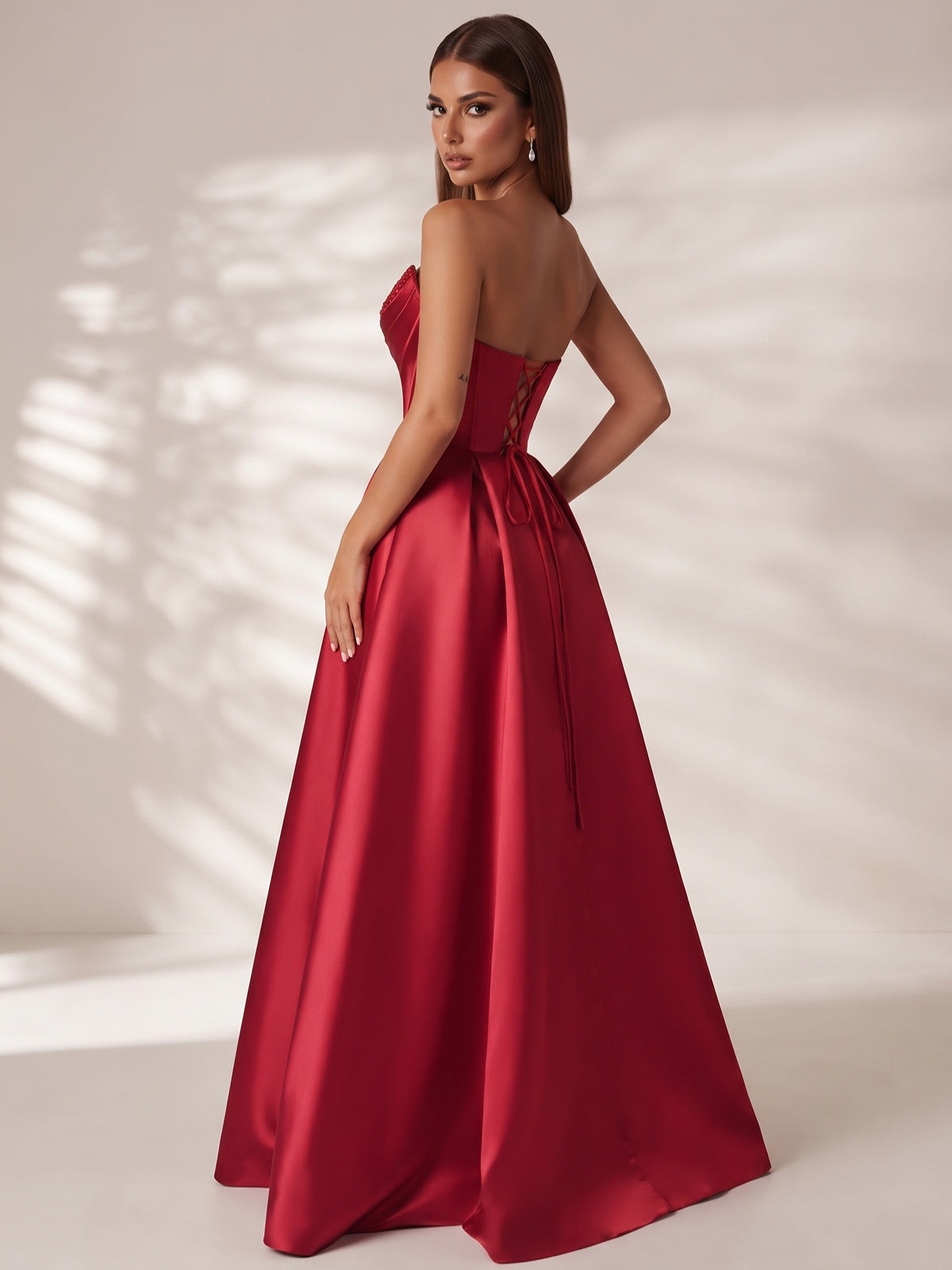 Strapless Corset Satin Prom Dress Long Evening Gown with High Slit
