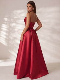 Strapless Corset Satin Prom Dress Long Evening Gown with High Slit