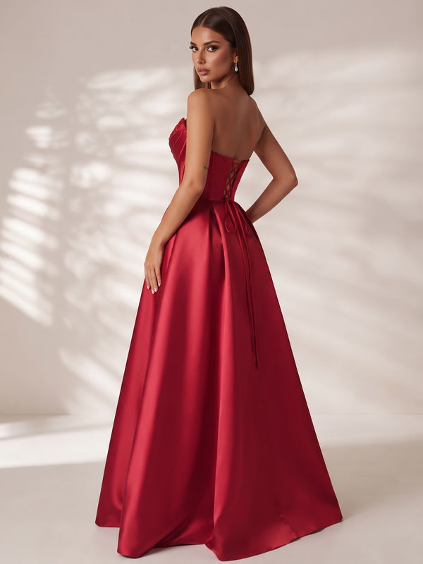 Red Strapless Corset Satin Prom Dress Long Evening Gown with High Slit