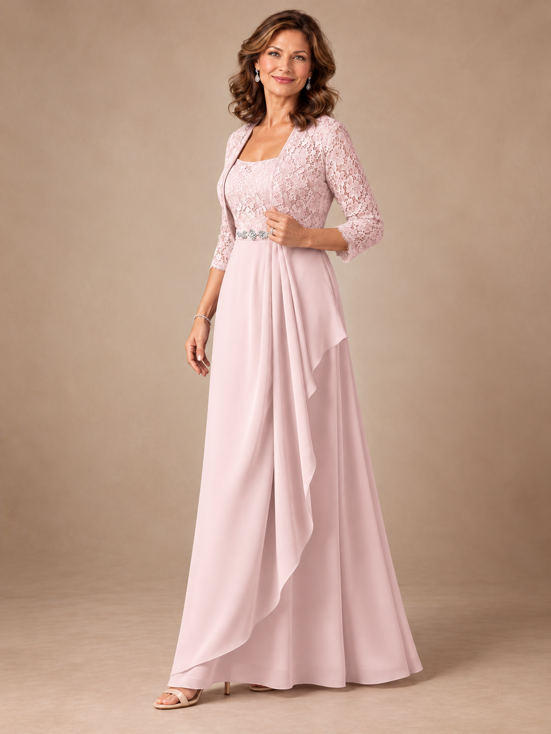 Blush Pink A-Line Mother of the Bride Dress with Lace Jacket and Ruffles