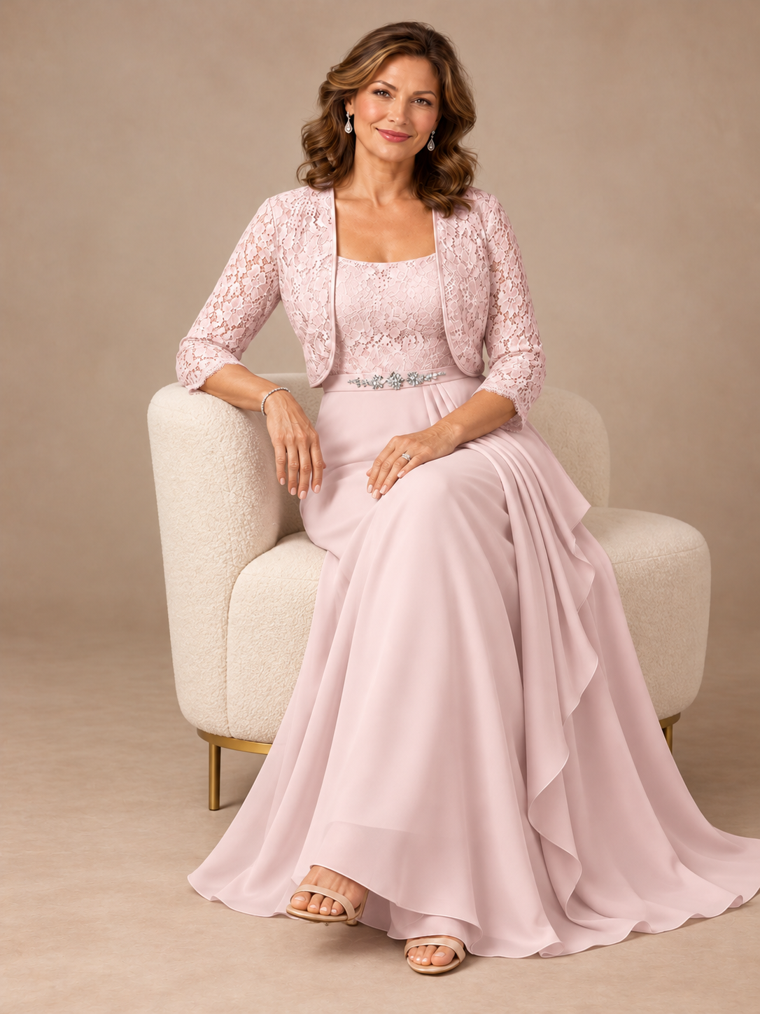 Blush Pink A-Line Mother of the Bride Dress with Lace Jacket and Ruffles