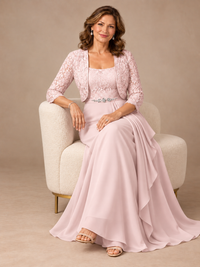 Blush Pink A-Line Mother of the Bride Dress with Lace Jacket and Ruffles