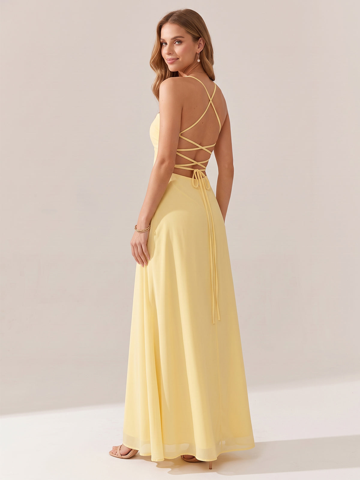 JOVELLEE Yellow Sweetheart Ruched Bust Chiffon Maxi Dress