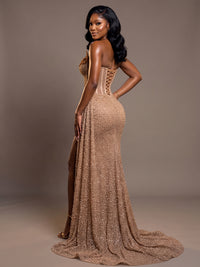 Luxury Strapless Sequin Corset Mermaid Prom Dress with High Slit & Train